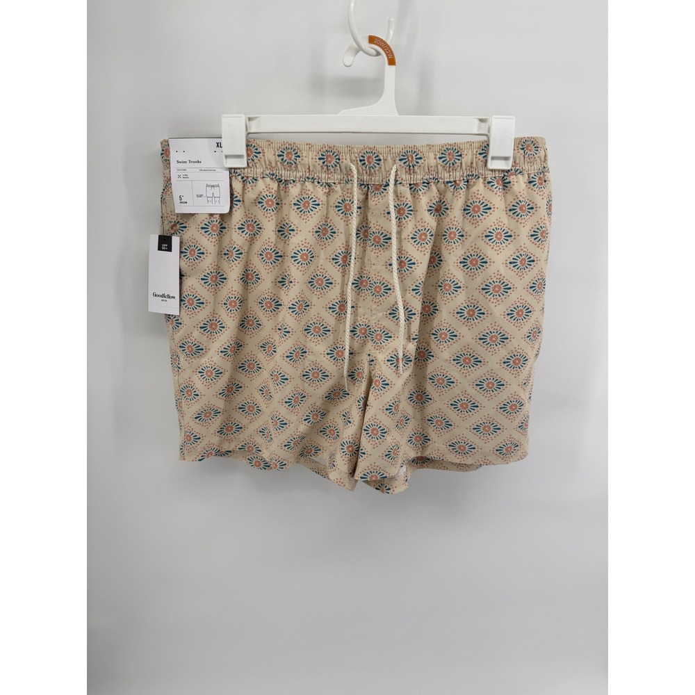 Goodfellow & Co Mens XL Swim Trunks Tan Blue Geometric Floral 5" Inseam UPF 50+